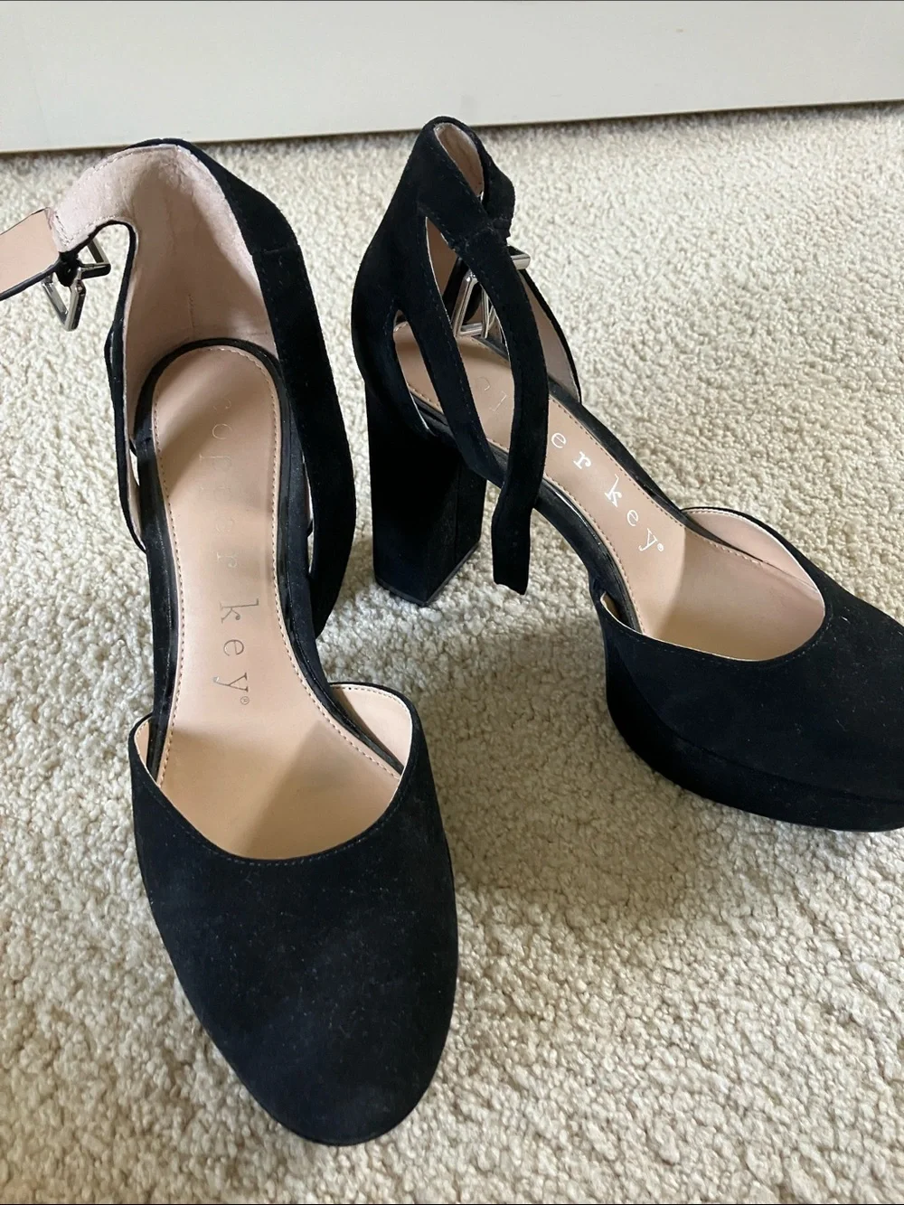 Copper Key Black Suede Platform Block Heel with Ankle Strap